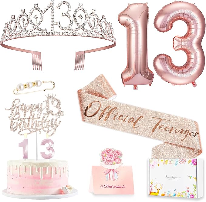 13th Birthday Decorations for Girls, Including 13th Happy Birthday Cake Toppers, Queen Sash with Pearl Pin, Sweet Rhinestone Tiara Crown, Number Candles and Balloons Set, Rose Gold
