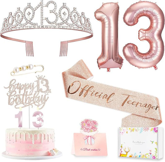 13th Birthday Decorations for Girls, Including 13th Happy Birthday Cake Toppers, Queen Sash with Pearl Pin, Sweet Rhinestone Tiara Crown, Number Candles and Balloons Set, Rose Gold