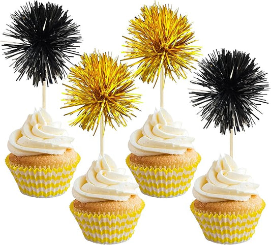 Gyufise 30Pcs Foil Firework Cupcake Toppers Sparkle Tinsel Cake Toppers Tinsel Drink Cake Decoration Cocktail Picks for Birthday Wedding Graduation Party Supplies Gold Black