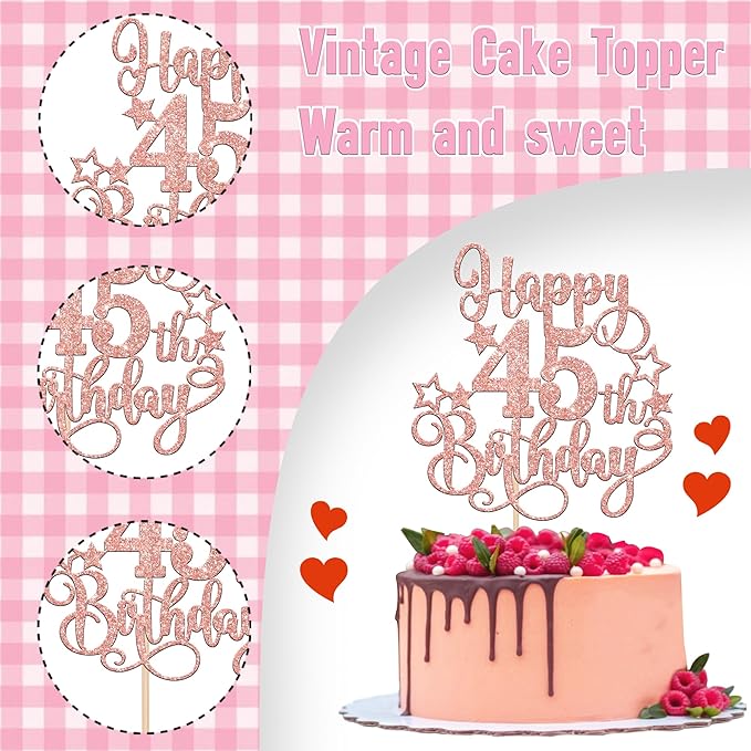 1 PCS Happy 45th Birthday Cake Topper Glitter Cheers to 45 Years Birthday Cake Pick Hello 45 Fabulous Cake Decoration for Happy 45th Birthday Anniversary Party Decorations Supplies Rose Gold