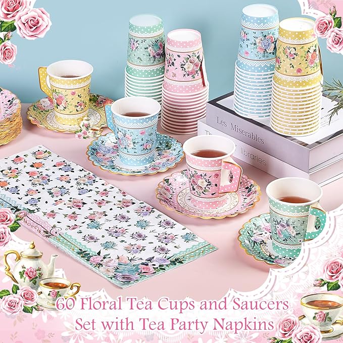 180 Pcs Floral Paper Tea Cups and Plates 9 OZ Disposable Paper TeaCups and Saucers with Tea Party Napkins Set for Tea Party Decoration Birthday Wedding Bridal Shower Party Supplies