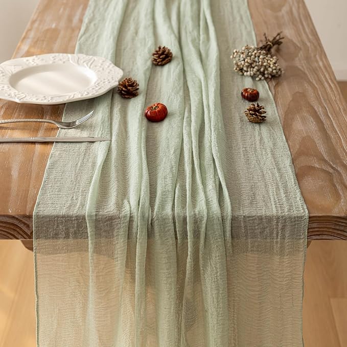 Sage Green Table Runner Cheesecloth 120 Inch 10 FT Rustic Boho Cheese Cloth Table Runner for Wedding Baby Shower Bridal Shower Sheer Gauze Centerpiece Home Decorations