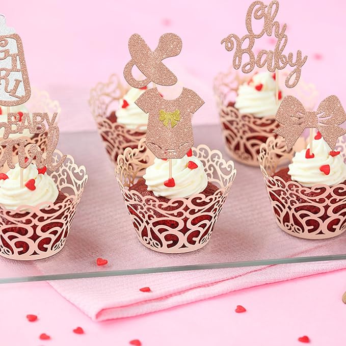 24 Pack It's a Girl Cupcake Toppers Glitter Pacifier Onesie Jumpsuit Bow Gender Reveal Cupcake Picks Welcome Baby Shower Cake Decorations for Baby Girl Birthday Theme Party Supplies Rose Gold