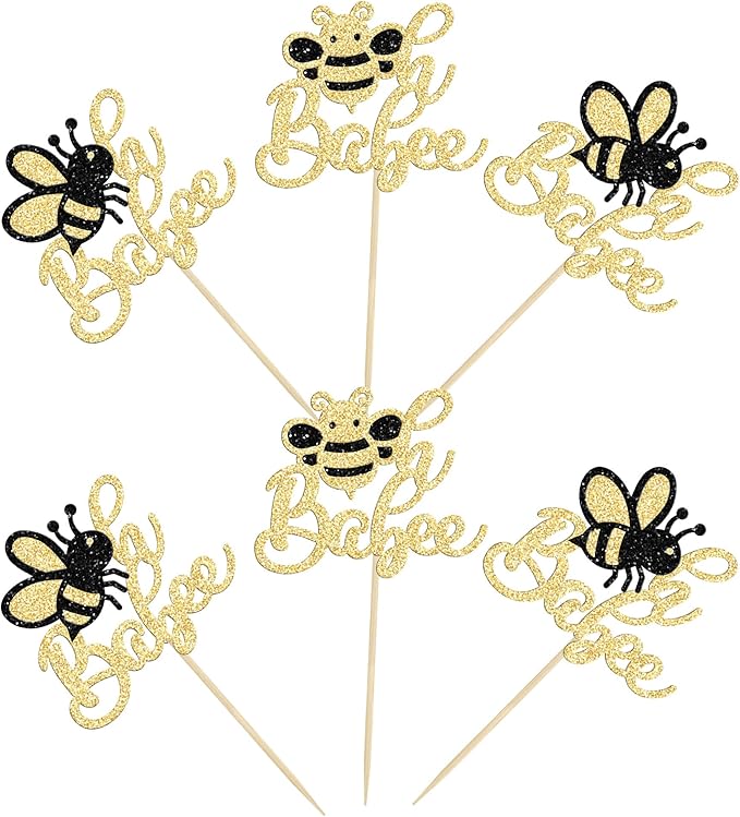 24Pcs Bumble Bee Cupcake Toppers Glitter Oh Babee Cupcake Picks Oh Baby Cupcake Pick Decorations for Bee Theme Baby Shower Kids Birthday Party Decorations Supplies
