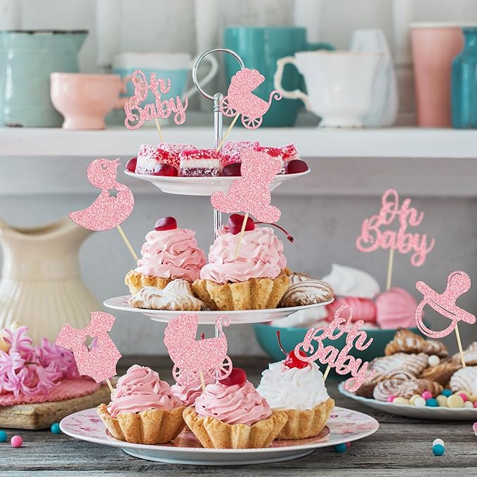 Gyufise 36Pcs Oh Baby Cupcake Toppers Glitter Pacifier Bear Cupcake Picks Cake Decorations for Gender Reveal Baby Shower Kids Boys Girls Birthday Party Supplies Pink