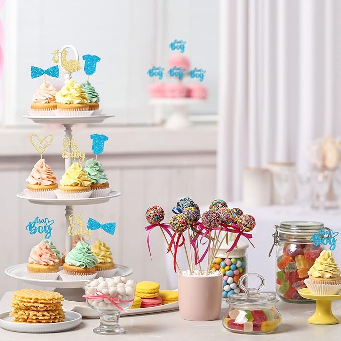 Gyufise 36 Pack Oh Baby Cupcake Toppers Assembled It's a Boy Cupcake Toppers with Tie Onesie Love Heart Glitter Cake Picks Decorations for Baby Shower Boy Birthday Party Supplies