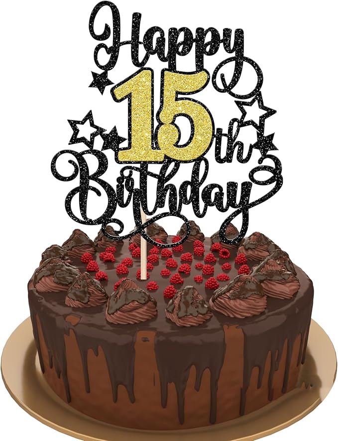 1 PCS Happy 15th Birthday Cake Topper Black Gold Glitter Cheers to 15 Years Birthday Cake Pick Hello 15 Fabulous Cake Decoration for Happy 15th Birthday Anniversary Party Decorations Supplies