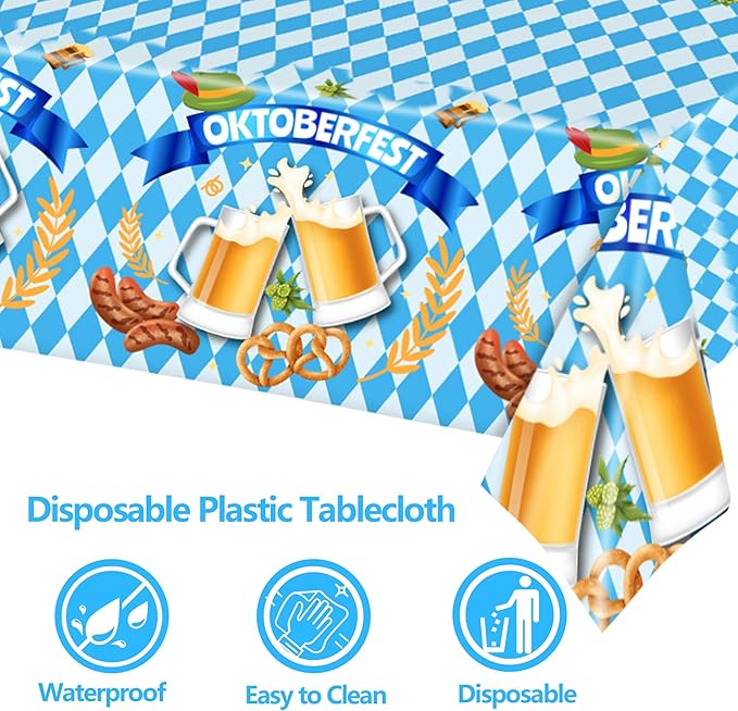 Oktoberfest Plastic Tablecloth,2Pcs Blue White Checkered Table Cover and Banner Flags for Bavarian Beer Festival Oktoberfest Party Decorations (54x108 Inch)