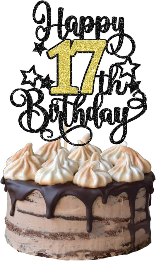 1 PCS Happy 17th Birthday Cake Topper Black Gold Glitter Cheers to 17 Years Birthday Cake Pick Hello 17 Fabulous Cake Decoration for Happy 17th Birthday Anniversary Party Decorations Supplies