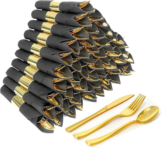 75 Pack Pre Rolled Gold Plastic Silverware Set,Wrapped Plastic Cutlery Set with Napkin Include 75 Forks,75 Spoons,75 Knives and 75 Black Napkins for Party, Wedding,Birthday,Christmas