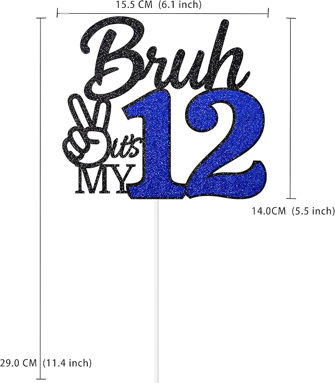 1 Pcs Bruh I'm 12 Cake Topper, Happy 12th Birthday Cake Pick, It's My 12th Birthday Party Decoration For Boys, Funny Boy Cheers To 12 Year Party Supply(Blue & Black)