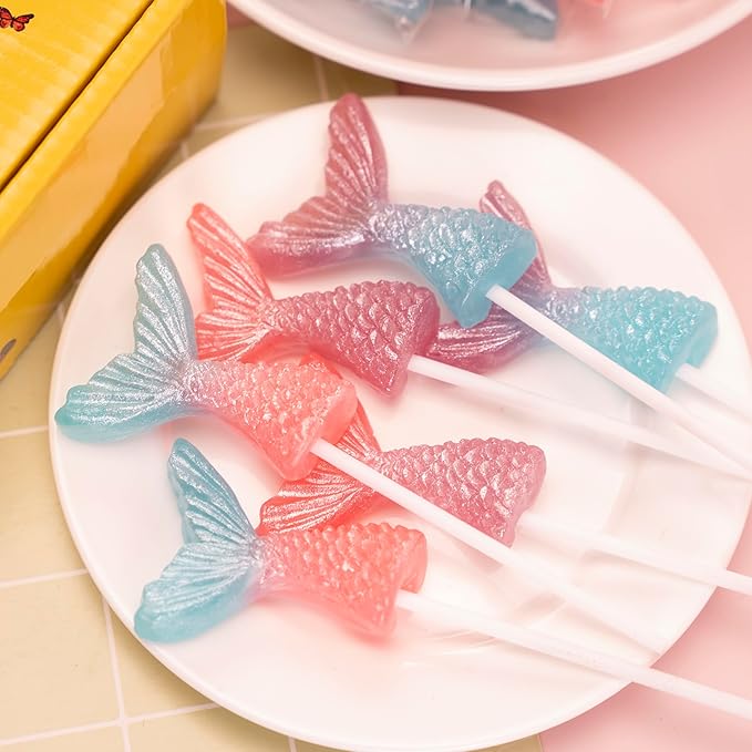 Mermaid Tail Lollipops 24pk, Individually Wrapped Mixed Fruit Flavor Colorful Gradient Candy Bulk, Ideal for Mermaid Themed Parties, Birthdays, Party Favors & Supplies