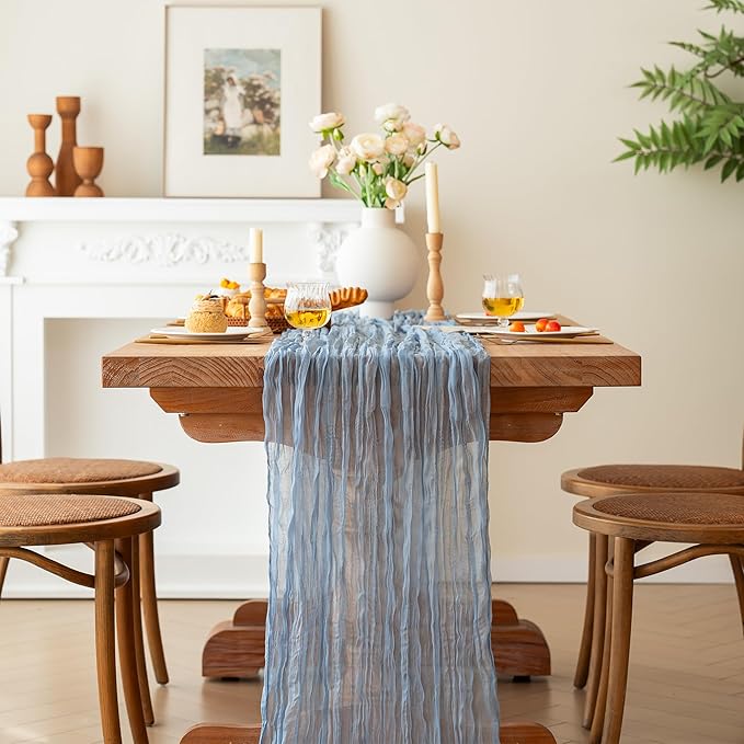 FEXIA Dusty Blue Cheesecloth Table Runner Boy Baby Shower Wedding Decorations Spring Gauze Table Runner for Bridal Shower Party Winter Wonderland Decoration 35x120 Inches