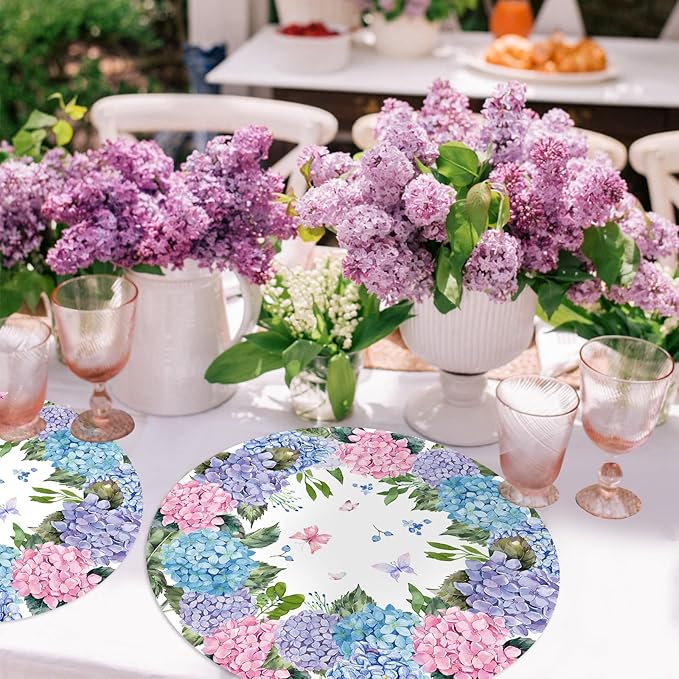 Paper Placemats Disposable 50 Pack Hydrangea Placemats 13.7 Inch Hydrangea Floral Place Mats Round Table Mats Spring Summer Table Mats for Birthday Wedding Party Supplies