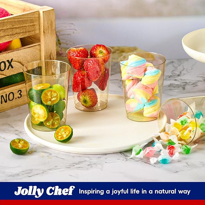 JOLLY CHEF 100 Pack 10 oz Gold Glitter Plastic Party Cups, Disposable Plastic Tumblers, Gold Drinking Glasses with Glitter Suitable for Wedding, Thanksgiving Day, Christmas Halloween