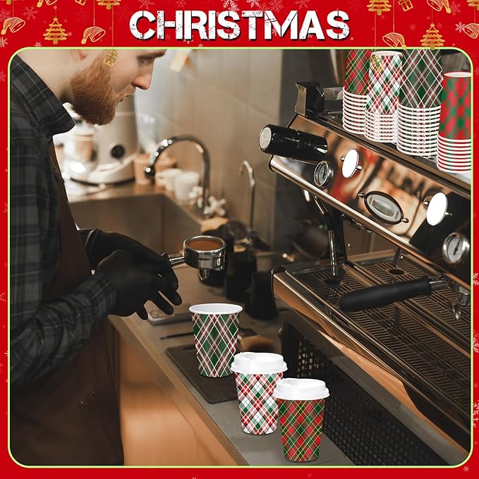 Yungyan 120 Sets Christmas Disposable Coffee Cups with Lids 12 oz Buffalo Plaid Paper Cups Xmas Hot Cocoa To-go Coffee Mug for Hot Cold Drinks Chocolate Tea Beverage Christmas Party Supplies