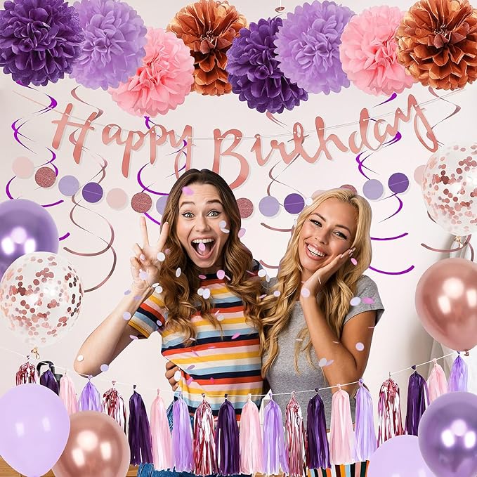 Upgraded Rose Gold Purple Birthday Party Decorations Kit with Happy Birthday Banner,Swirls Garlands,Tissue Paper Pompoms,Circle Dots Garland,Tassel Garland,DIY Cake Topper