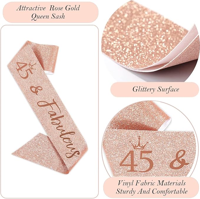 45th Birthday Gifts Decorations for Women, Including 45 year old Cake Topper, Birthday Queen Sash with Pearl Pin, Sweet Rhinestone Tiara Crown, Number Candles and Balloons Set, Rose Gold