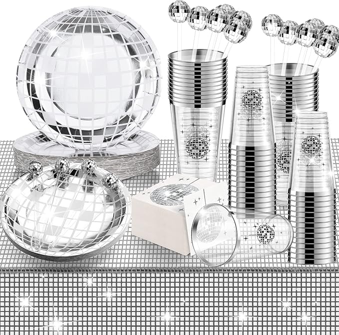 70s Disco Party Supplies Disco Balls Plates Napkins Cocktail Stirrers Disposable Plastic Cups Party Table Runner for 80s 90s Wedding Picnic Travel(101 Pieces)