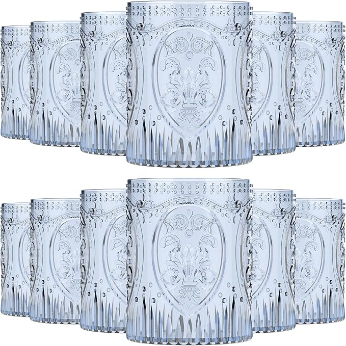 12 Plastic Vintage Drinking Glasses 8.5oz Stemless Retro Embossed Wine Glasses Shatterproof Reusable Cups for Baby Shower Wedding Reception Grand Event Party (Blue)