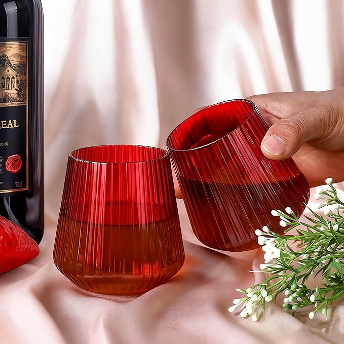 40 Pack Plastic Ribbed Wine Glasses, 14Oz Origami Disposable Wine Glasses Unbreakable Clear Plastic Cocktail Glasses Recyclable Shatterproof Reusable Wine Cups (14oz-red-40pack)