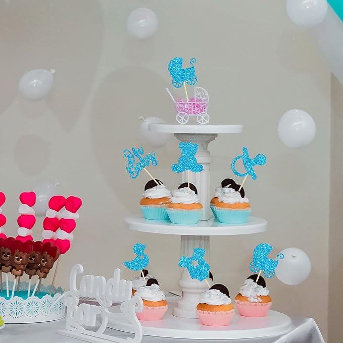 Gyufise 36Pcs Oh Baby Cupcake Toppers Glitter Bear Pacifier Baby Carriage Cupcake Picks Baby Shower Cake Decorations for Gender Reveal Baby Shower Birthday Party Supplies Blue