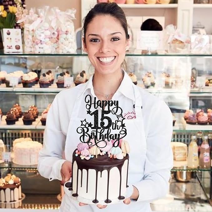 1 PCS Happy 15th Birthday Cake Topper Glitter Cheers to 15 Years Birthday Cake Pick Hello 15 Fabulous Cake Decoration for Happy 15th Birthday Anniversary Party Decorations Supplies Black