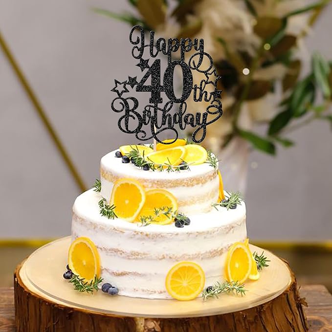1 PCS Happy 40th Birthday Cake Topper Glitter Cheers to 40 Years Birthday Cake Pick Hello 40 Fabulous Cake Decoration for Happy 40th Birthday Anniversary Party Decorations Supplies Black