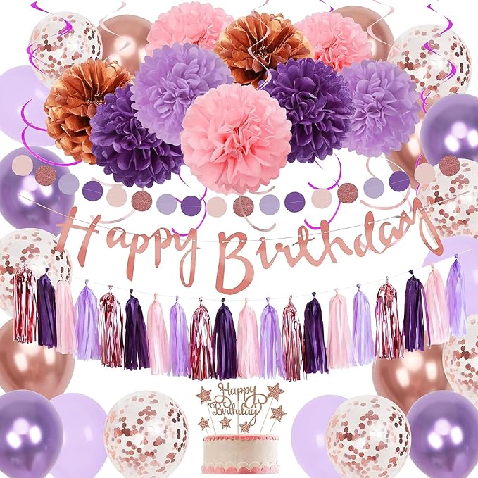 Upgraded Rose Gold Purple Birthday Party Decorations Kit with Happy Birthday Banner,Swirls Garlands,Tissue Paper Pompoms,Circle Dots Garland,Tassel Garland,DIY Cake Topper