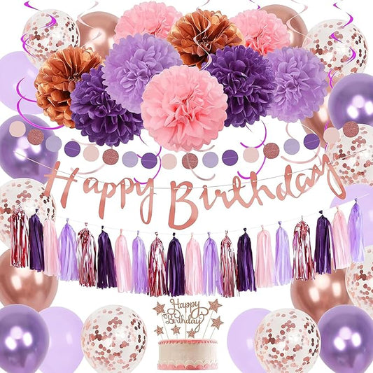 Upgraded Rose Gold Purple Birthday Party Decorations Kit with Happy Birthday Banner,Swirls Garlands,Tissue Paper Pompoms,Circle Dots Garland,Tassel Garland,DIY Cake Topper