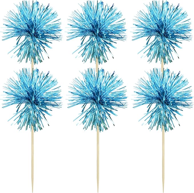 Gyufise 30Pcs Foil Firework Cupcake Toppers Sparkle Tinsel Cake Toppers Tinsel Drink Cake Decoration Cocktail Picks for Birthday Wedding Graduation Party Supplies Lake Blue