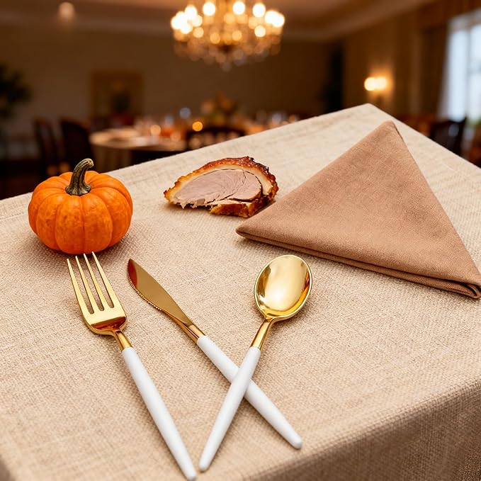 SUT Gold Plastic Silverware, 160Pcs Gold Utensils Set Disposable, 80 Gold Plastic Forks, 40 Gold Knives, 40 Gold Spoons, Gold Plastic Cutlery for Parties, Dinners, Weddings(White Gold)