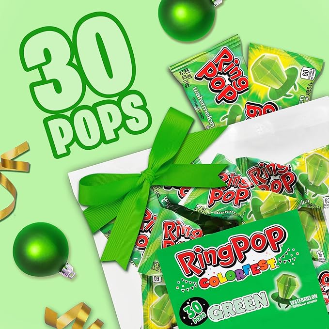 Ring Pop Individually Wrapped Watermelon Flavored Green Candy Lollipop Suckers for Celebrations & Halloween and Parties,30 Oz