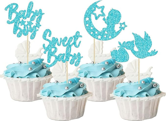 24Pcs Sweet Baby Boy Cupcake Toppers Blue Glitter Moon Star Baby Shower Cupcake Picks Decorations for Gender Reveal Baby Shower Kids Boys Birthday Party Supplies
