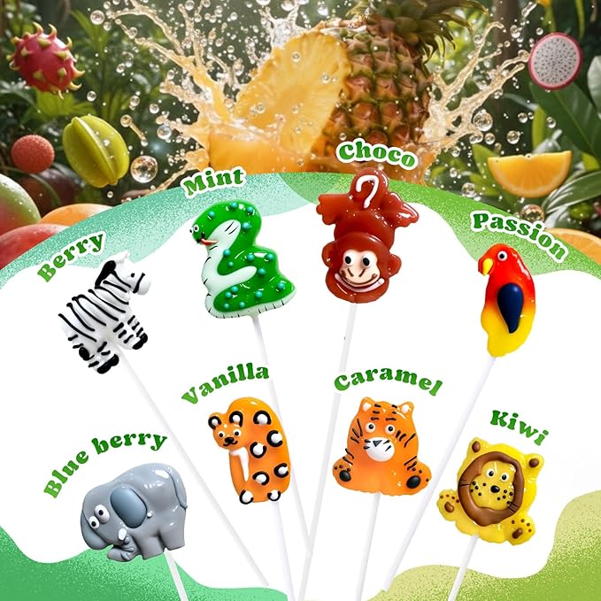24 Ct African Savannah Animal-Shaped Lollipops Candy, Handmade Lollipops Suckers with unique designs and Fruit Flavors, Candies Lollipop Individually Wrapped Bulk for Zoo Theme Birthday