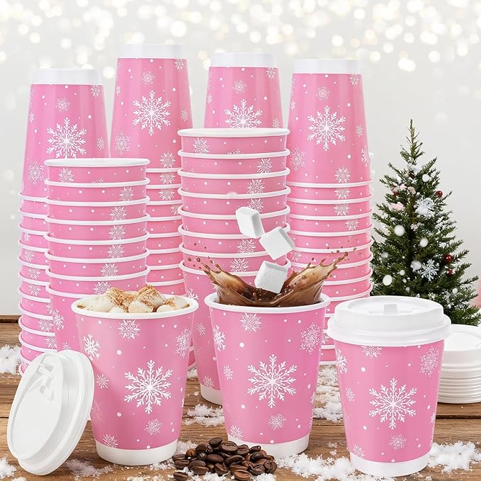 100 Pcs 12 Oz Pink Christmas Coffee Cups with Lids Snowflake Winter Wonderland Disposable Cups Insulated Paper Cups Togo Cups for Hot Chocolate Water Tea Xmas Holiday Birthday Party Supplies