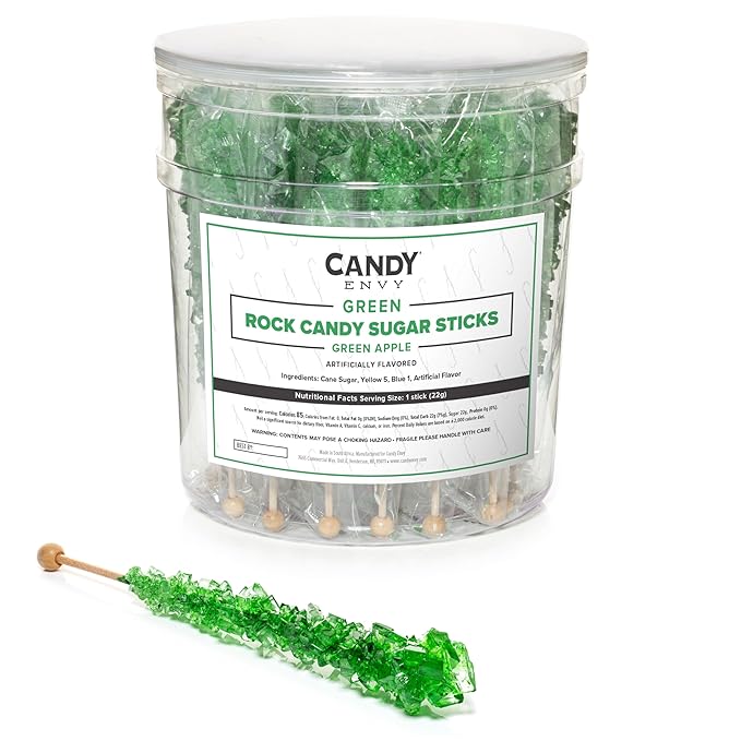 Green Rock Candy Sugar Sticks - Green Apple Flavored - 36 Individually Wrapped Candy Party Favors