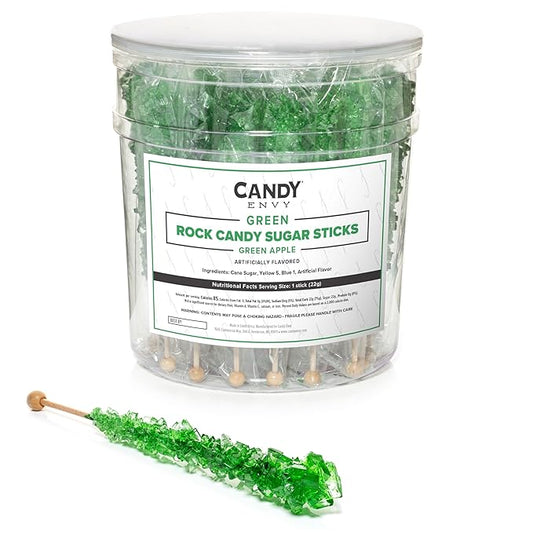 Green Rock Candy Sugar Sticks - Green Apple Flavored - 36 Individually Wrapped Candy Party Favors