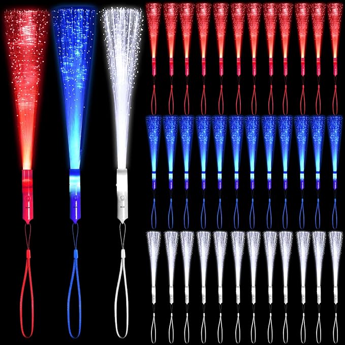 48 PCS Red Blue White Glow Fiber Wands Sticks LED Light Wands 3 Modes Flashing Fiber Optic Light Rod Bulk Fiber Optic Wands for July 4th Party Supplies