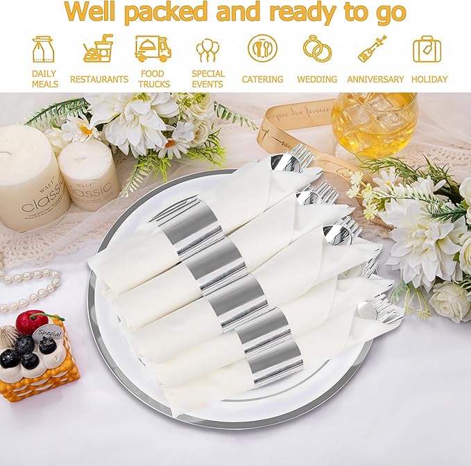 60 Pack Pre Rolled Silver Plastic Silverware Set,Wrapped Plastic Cutlery Set with Napkin Include 60 Forks,60 Spoons,60 Knives and 60 White Napkins for Party, Wedding,Birthday,Christmas