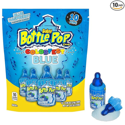 Baby Bottle Pop Christmas Candy Blue Lollipops, 10 Ct Bulk Lollipops with Dipping Powder in Blue Raspberry Flavor, Full Size, Individually Wrapped Hard Candy For Party Favors, Stocking Stuffers, Gifts