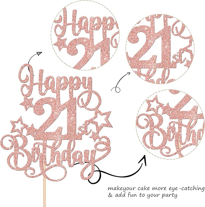1 PCS Happy 21st Birthday Cake Topper Glitter Cheers to 21 Years Birthday Cake Pick Hello 21 Fabulous Cake Decoration for Happy 21st Birthday Anniversary Party Decorations Supplies Rose Gold