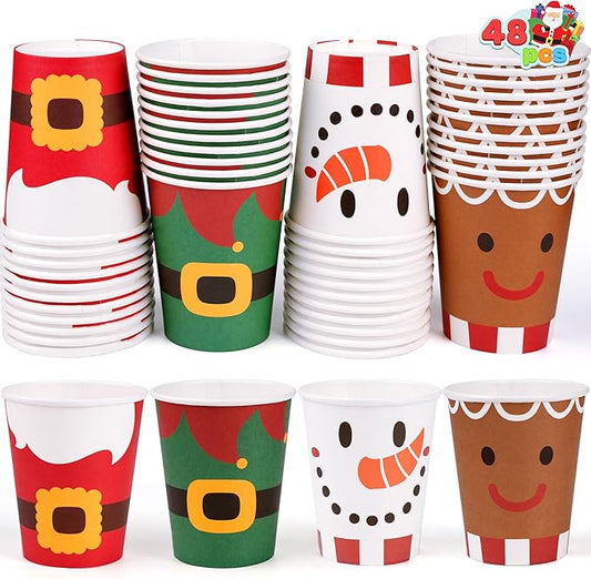 JOYIN 48 PCS Merry Christmas Disposable Cups, 4 Designs Xmas Drinkware 9 oz Paper Cup, Snowflake Santa Elk Christmas Cups For Hot Chocolate Coffee Cold Beverage Holiday Tableware Supplies Favors