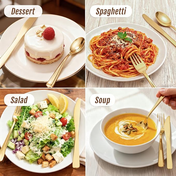 WDF 500PCS Gold Plastic Silverware Set Disposable - Gold Cutlery Set Plastic - 250Forks, 125 Spoons, 125 Knives for Christmas Party, Birthday, Wedding