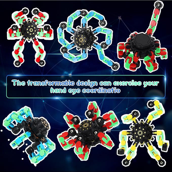 Junkin 100 Pcs Funny Sensory Fidget Toy Bulk Transformable Chain Robot Finger Toys Fidget Spinners Stress Relief Fingertip Gyro Deformable Mechanical Spiral Spinner for Adult Kids ADHD (Bright)