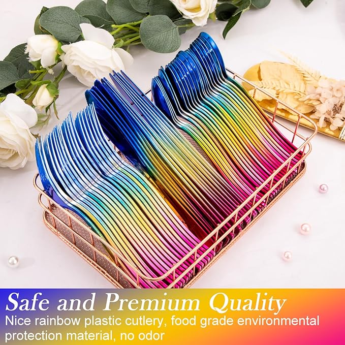 Supernal 120pcs Rainbow Plastic Silverware Set Colorful Party Utensils Blue Pink Gold Plastic Silverware Include 40 Rainbow Forks, 40 Gold Knives and 40 Blue Spoons for Trolls Party