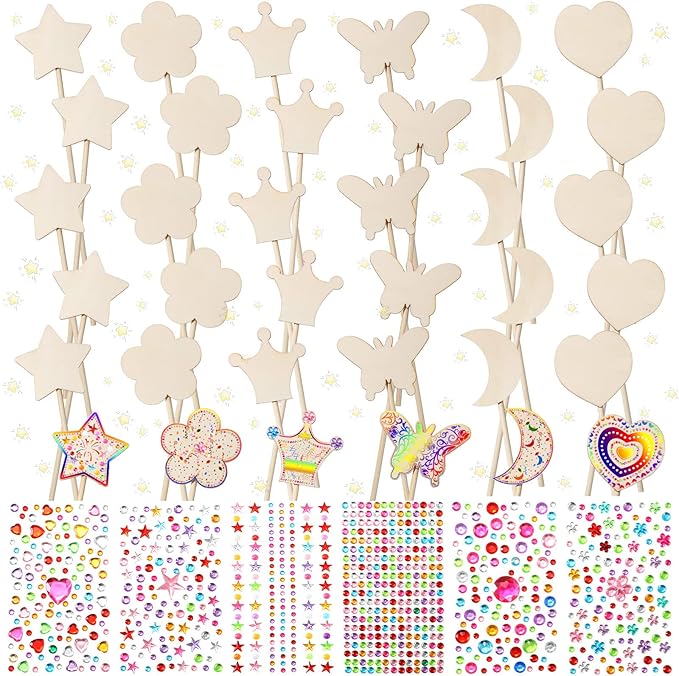 Cindeer 42 Pcs Princess Fairy Wands Kit, 36 Pcs Wooden Unfinished DIY Princess Wand with 6 Sheet Colorful Diamond Sticker for Girls Make Your Own Wand, Cosplay Costume Party Favor(Wood Color)