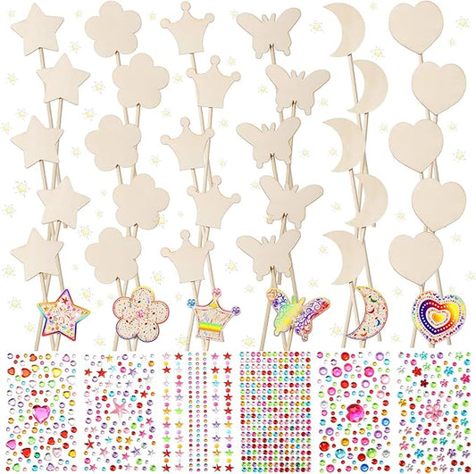 Cindeer 42 Pcs Princess Fairy Wands Kit, 36 Pcs Wooden Unfinished DIY Princess Wand with 6 Sheet Colorful Diamond Sticker for Girls Make Your Own Wand, Cosplay Costume Party Favor(Wood Color)