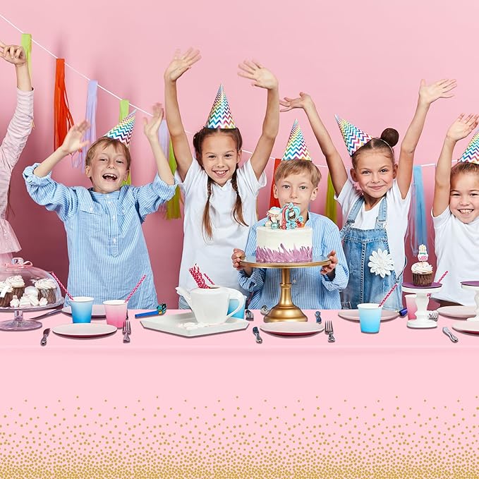 12 Pack Pink and Gold Plastic Tablecloth for Parties, Pink Disposable Table Cloth for Rectangle Tables, Gold Stamping Dot Confetti Light Pink Tablecloth for Birthday Wedding Baby Shower Party, 54x108"