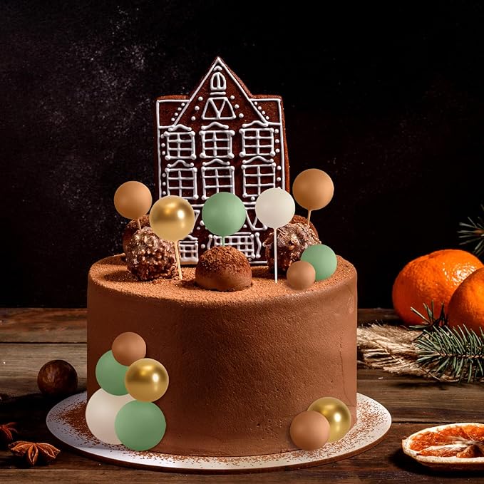 ASTARON 32 Pcs Ball Cake Topper Decorations Mini Balloons Cake Topper Sticks Foam Balls Cake Picks Cake Topper Balls Cake Decorations for Wedding Party Birthday Cake Decorating (Green Brown Gold)